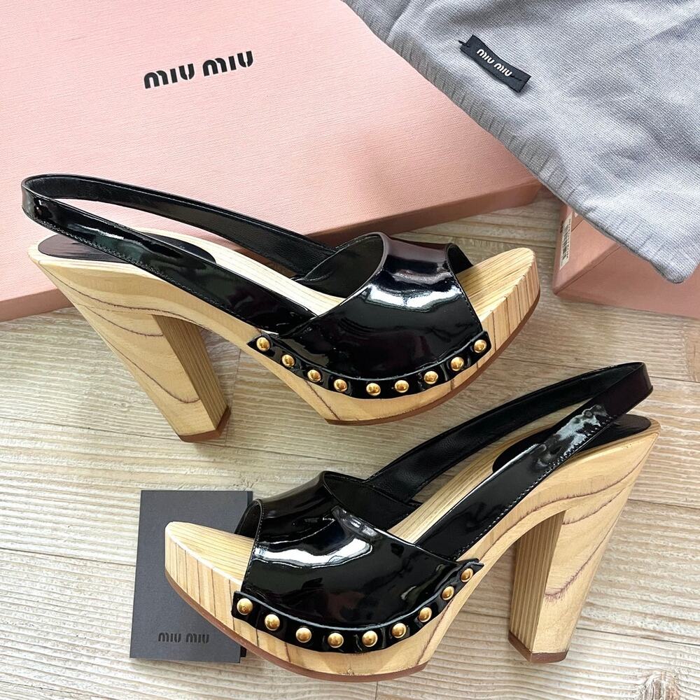 Miu‎ Miu Patent Leather Slingback Wood Platform Heel Sandals | Black 38